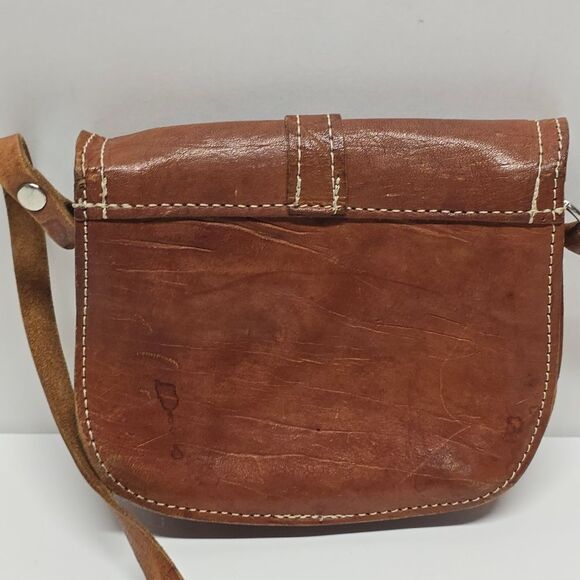Vintage Mini Leather Saddle Bag in Cognac Brown Boho Hippie Shoulder Purse - Picture 4 of 8